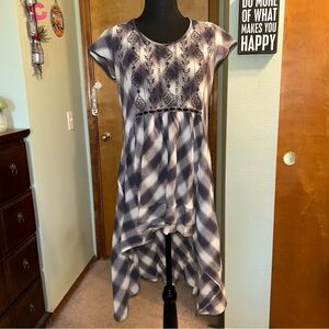 Free People high-low short sleeve plaid dress embroidered keyhole opening size M
